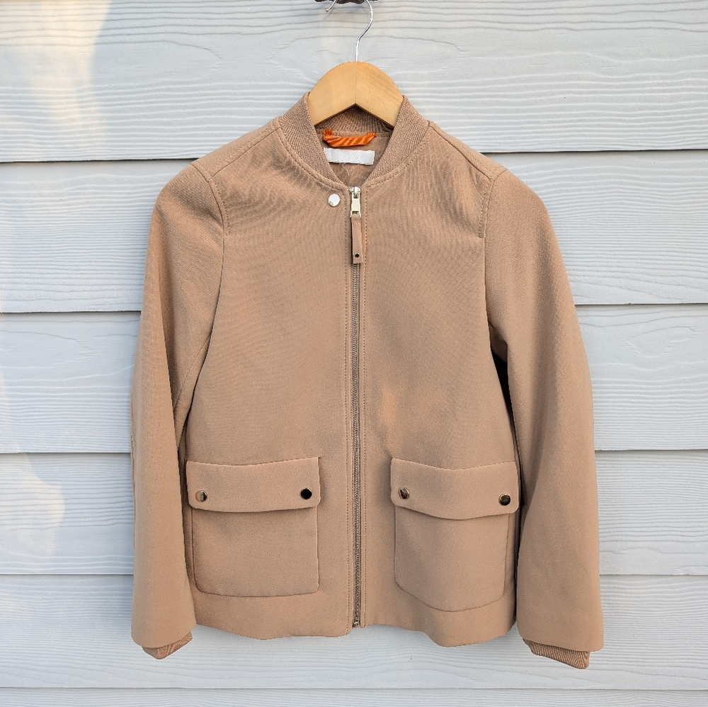 H&M Jacket Size XS Tan Brushed Knit Contemporary Zip Up Pockets Gold